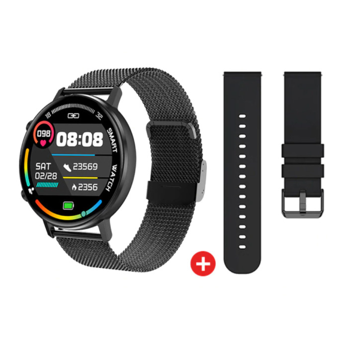 Montre connectée avec bracelet supplémentaire - Montre de suivi d'activité sportive en maille d'acier inoxydable / silicone Fitness Android - Noir