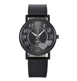 MUQGEW Montre avec coeurs pour femme - Quartz Luxury Anologue Movement Mesh en acier inoxydable pour femme Noir