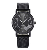 MUQGEW Watch with Hearts for Women - Quartz Luxury Anologue Movement Stainless Steel Mesh for Women Black