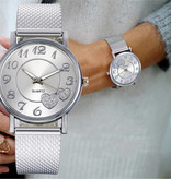 MUQGEW Uhr mit Herzen für Frauen - Quarz Luxus Anologue Bewegung Edelstahl Mesh für Frauen Schwarz