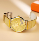 MUQGEW Zegarek z sercami dla kobiet - Luksusowy mechanizm kwarcowy Anologue Siatka ze stali nierdzewnej dla kobiet Złoty