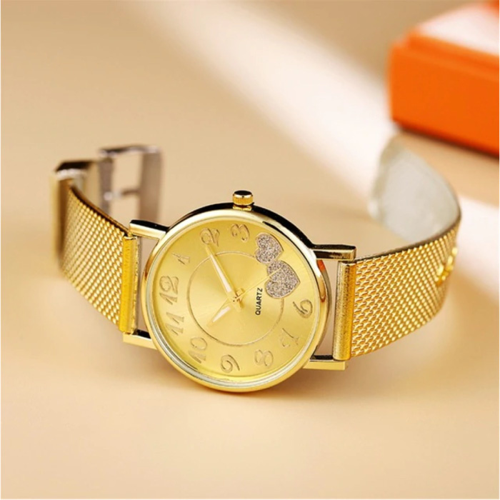 Zegarek z sercami dla kobiet - Luksusowy mechanizm kwarcowy Anologue Siatka ze stali nierdzewnej dla kobiet Złoty