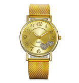 MUQGEW Watch with Hearts for Women - Quartz Luxury Anologue Movement Stainless Steel Mesh for Women Gold