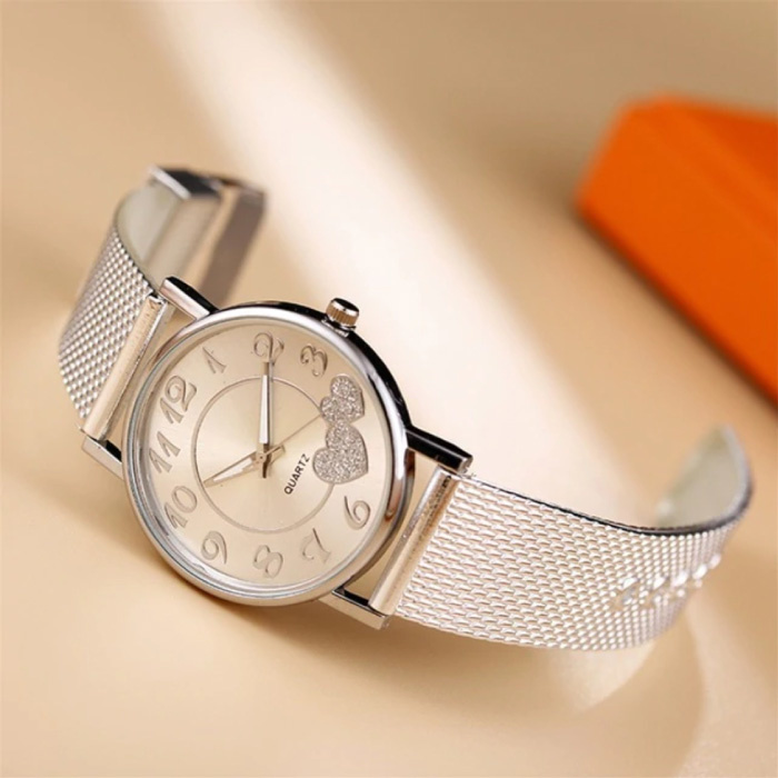 MUQGEW Uhr mit Herzen für Frauen - Quarz Luxus Anologue Bewegung Edelstahl Mesh für Frauen Silber