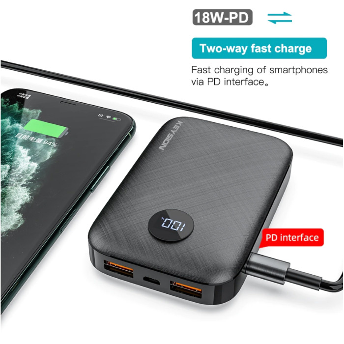 Keysion Power Bank con porta PD 10.000mAh Tripla 3 porte USB - Display a LED Caricabatteria esterno per batteria di emergenza Caricabatterie nero