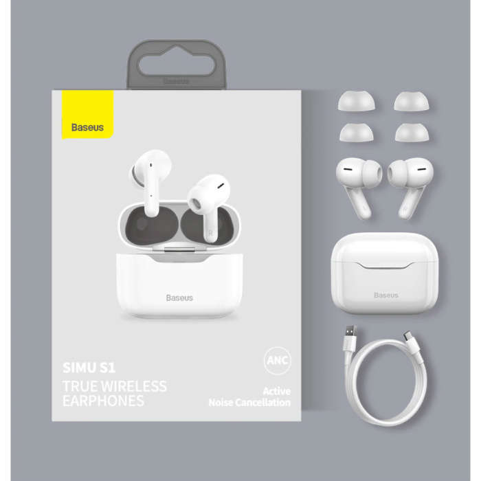 Baseus S1 Draadloze Oortjes - ANC True Touch Control TWS Bluetooth 5.0 Earphones Earbuds Oortelefoon Wit