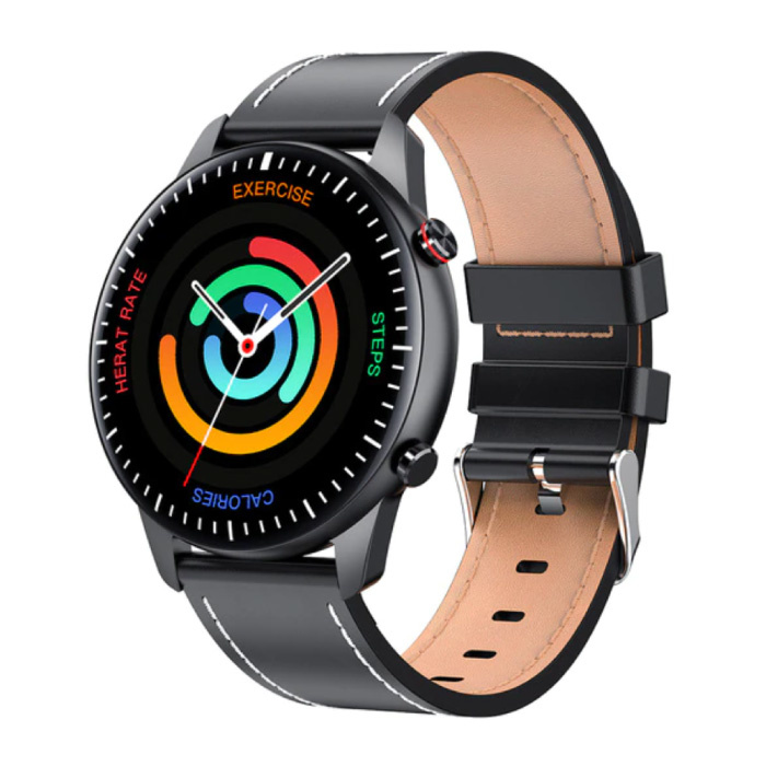 Madococo 2021 Sport Smartwatch - Leren Bandje Fitness Activity Tracker Horloge Android - Zwart