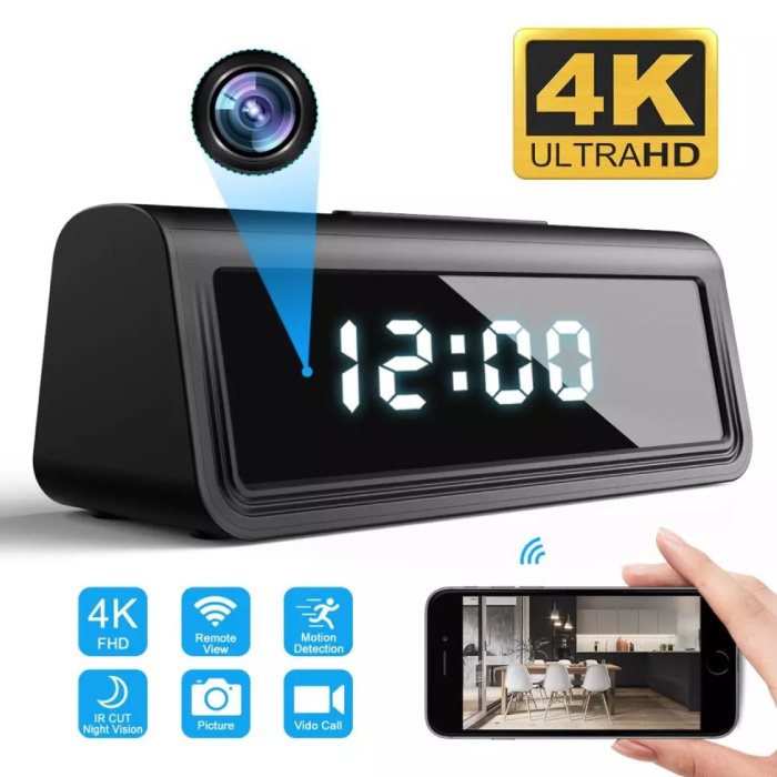 Alarm Clock with 4K Camera and WiFi - Wireless Smart Home Security Night Vision Motion Detection