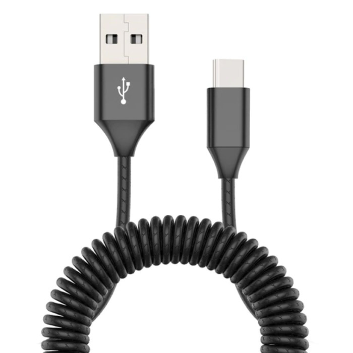 Cable de carga rizado para USB-C - 2A Cable de datos de resorte en espiral Cable de cargador de 1,8 metros Negro