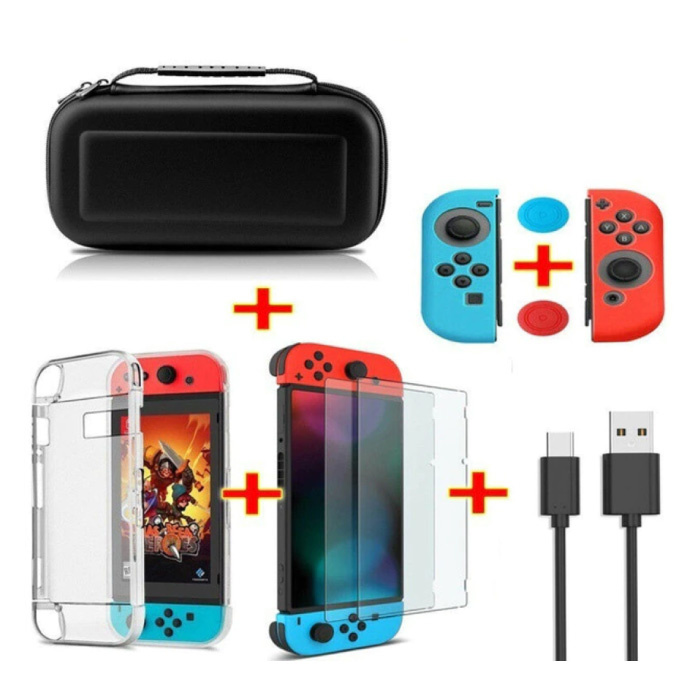 Kit 6 en 1 para Nintendo Switch - Bolsa de almacenamiento NS / Estuche / Protector de pantalla / Cable / Tapas de botones