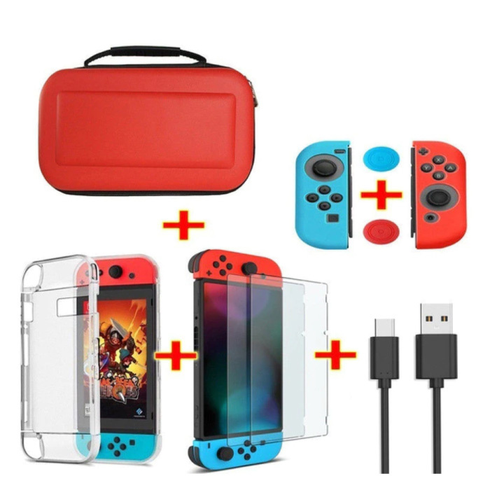 Kit 6 en 1 para Nintendo Switch - Bolsa de almacenamiento NS / Estuche / Protector de pantalla / Cable / Tapas de botones Rojo