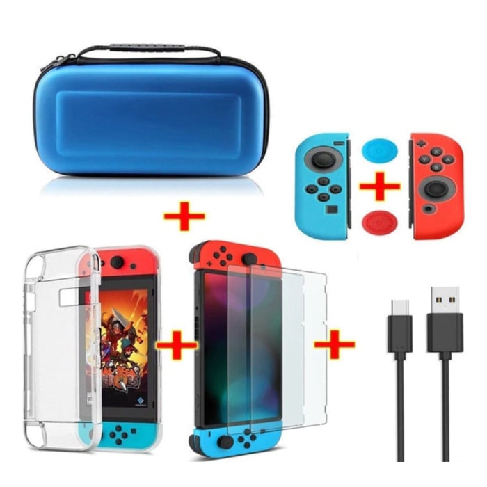 Kit 6 en 1 para Nintendo Switch - Bolsa de almacenamiento NS / Estuche / Protector de pantalla / Cable / Tapas de botones Azul