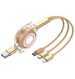 Ilano 3 in 1 Intrekbare Oplaadkabel - iPhone Lightning / USB-C / Micro-USB - 1.2 Meter Oplader Spiral Data Kabel Goud-Transparant