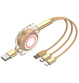 Ilano Cable de carga retráctil 3 en 1 - iPhone Lightning / USB-C / Micro-USB - Cargador de 1,2 metros Cable de datos en espiral Dorado-Transparente