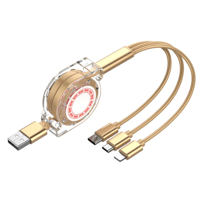 Cable de carga retráctil 3 en 1 - iPhone Lightning / USB-C / Micro-USB - Cargador de 1,2 metros Cable de datos en espiral Dorado-Transparente