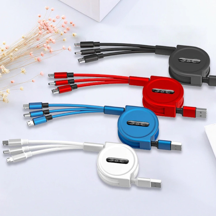 Ilano 3 in 1 einziehbares Ladekabel - iPhone Lightning / USB-C / Micro-USB - 1,2 m Ladegerät Spiraldatenkabel Schwarz