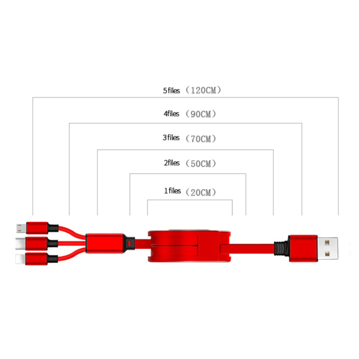 Ilano 3 in 1 einziehbares Ladekabel - iPhone Lightning / USB-C / Micro-USB - 1,2 m Ladegerät Spiraldatenkabel Schwarz