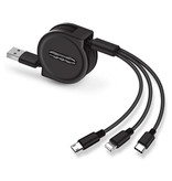 Ilano Cable de carga retráctil 3 en 1 - iPhone Lightning / USB-C / Micro-USB - Cargador de 1,2 metros Cable de datos en espiral Negro