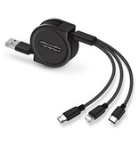 Ilano Cavo di ricarica retrattile 3 in 1 - iPhone Lightning / USB-C / Micro-USB - Cavo dati a spirale per caricabatterie da 1,2 metri Nero