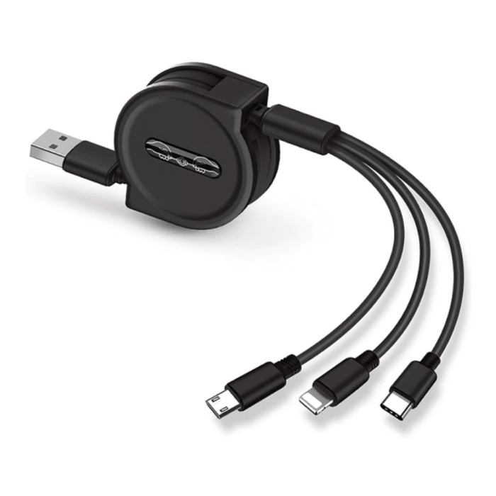 3 in 1 einziehbares Ladekabel - iPhone Lightning / USB-C / Micro-USB - 1,2 Meter Ladegerät Spiraldatenkabel Schwarz