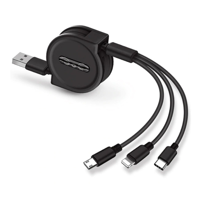 Cable de carga retráctil 3 en 1 - iPhone Lightning / USB-C / Micro-USB - Cargador de 1,2 metros Cable de datos en espiral Negro