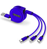 Ilano Cable de carga retráctil 3 en 1 - iPhone Lightning / USB-C / Micro-USB - Cargador de 1,2 metros Cable de datos en espiral Azul