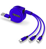 Ilano Cavo di ricarica retrattile 3 in 1 - iPhone Lightning / USB-C / Micro-USB - Cavo dati a spirale per caricabatterie da 1,2 metri Blu
