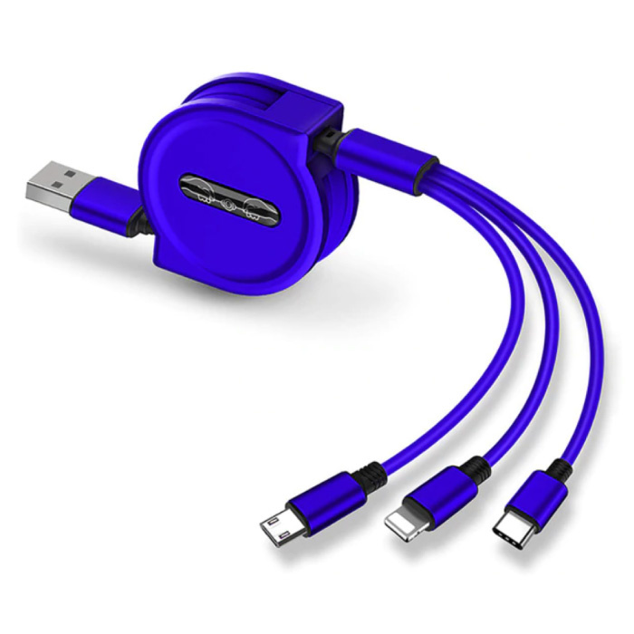 3 in 1 Retractable Charging Cable - iPhone Lightning / USB-C / Micro-USB - 1.2 Meter Charger Spiral Data Cable Blue
