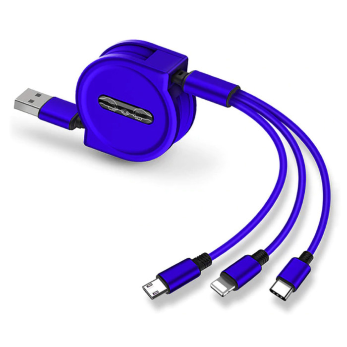 Cable de carga retráctil 3 en 1 - iPhone Lightning / USB-C / Micro-USB - Cargador de 1,2 metros Cable de datos en espiral Azul