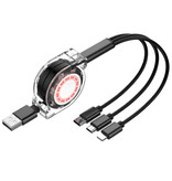 Ilano Cable de carga retráctil 3 en 1 - iPhone Lightning / USB-C / Micro-USB - Cargador de 1,2 metros Cable de datos en espiral Negro-Transparente
