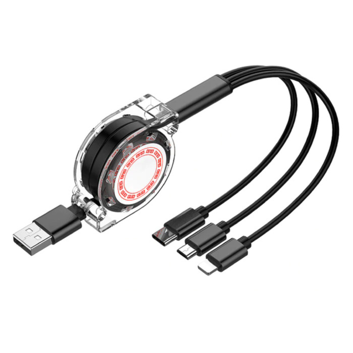 Cable de carga retráctil 3 en 1 - iPhone Lightning / USB-C / Micro-USB - Cargador de 1,2 metros Cable de datos en espiral Negro-Transparente