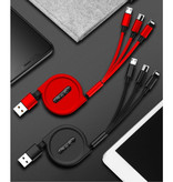 Ilano Cable de carga retráctil 3 en 1 - iPhone Lightning / USB-C / Micro-USB - Cargador de 1,2 metros Cable de datos en espiral Rojo-Transparente