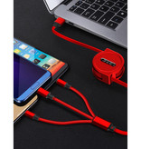 Ilano 3 in 1 Intrekbare Oplaadkabel - iPhone Lightning / USB-C / Micro-USB - 1.2 Meter Oplader Spiral Data Kabel Rood-Transparant