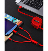 Ilano 3 in 1 Retractable Charging Cable - iPhone Lightning / USB-C / Micro-USB - 1.2 Meter Charger Spiral Data Cable Red-Transparent