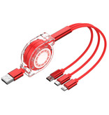 Ilano 3 in 1 einziehbares Ladekabel - iPhone Lightning / USB-C / Micro-USB - 1,2 m langes Spiraldatenkabel für Ladegeräte Rot-transparent