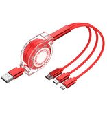 Ilano Wysuwany kabel do ładowania 3 w 1 - iPhone Lightning / USB-C / Micro-USB - 1,2-metrowy spiralny kabel do transmisji danych Czerwony-przezroczysty