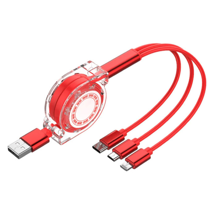 3 in 1 Intrekbare Oplaadkabel - iPhone Lightning / USB-C / Micro-USB - 1.2 Meter Oplader Spiral Data Kabel Rood-Transparant