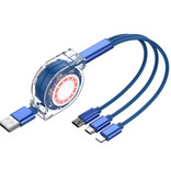 Ilano Cable de carga retráctil 3 en 1 - iPhone Lightning / USB-C / Micro-USB - Cargador de 1,2 metros Cable de datos en espiral Azul-Transparente