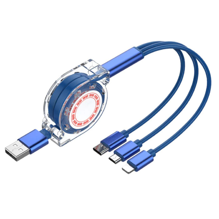 Cable de carga retráctil 3 en 1 - iPhone Lightning / USB-C / Micro-USB - Cargador de 1,2 metros Cable de datos en espiral Azul-Transparente