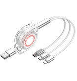 Ilano Cable de carga retráctil 3 en 1 - iPhone Lightning / USB-C / Micro-USB - Cargador de 1,2 metros Cable de datos en espiral Blanco-Transparente