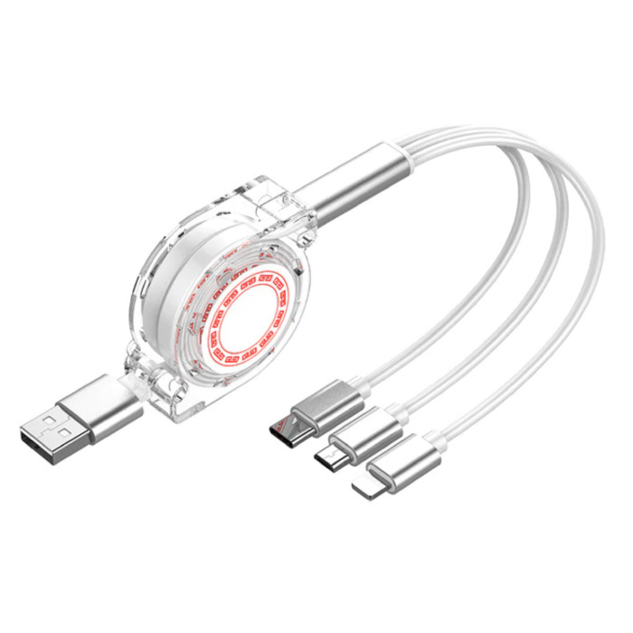 Cable de carga retráctil 3 en 1 - iPhone Lightning / USB-C / Micro-USB - Cargador de 1,2 metros Cable de datos en espiral Blanco-Transparente