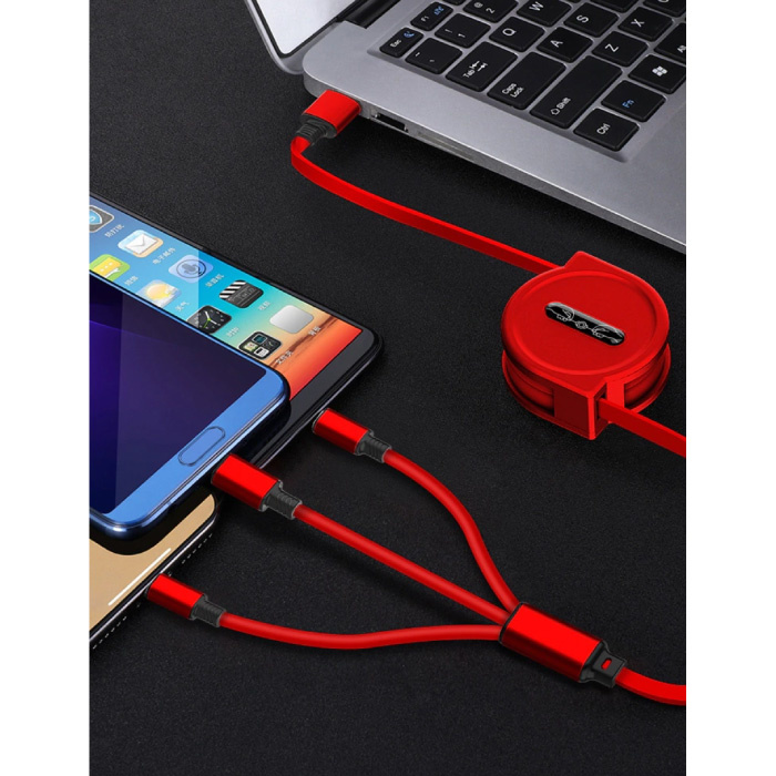 Ilano Wysuwany kabel ładujący 3 w 1 - iPhone Lightning / USB-C / Micro-USB - 1,2-metrowy spiralny kabel do transmisji danych Różowo-przezroczysty