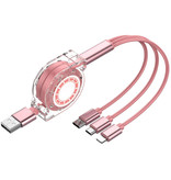 Ilano 3 in 1 einziehbares Ladekabel - iPhone Lightning / USB-C / Micro-USB - 1,2-Meter-Ladegerät Spiraldatenkabel Pink-Transparent