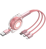 Ilano Cable de carga retráctil 3 en 1 - iPhone Lightning / USB-C / Micro-USB - Cargador de 1,2 metros Cable de datos en espiral Rosa-Transparente