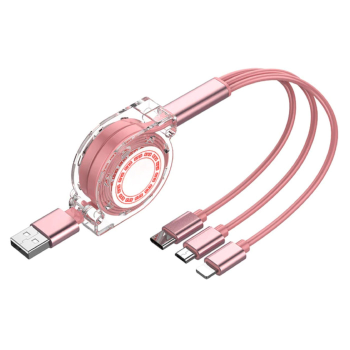 3 in 1 Retractable Charging Cable - iPhone Lightning / USB-C / Micro-USB - 1.2 Meter Charger Spiral Data Cable Pink-Transparent