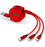Ilano Cavo di ricarica retrattile 3 in 1 - iPhone Lightning / USB-C / Micro-USB - Cavo dati a spirale per caricabatterie da 1,2 metri Rosso