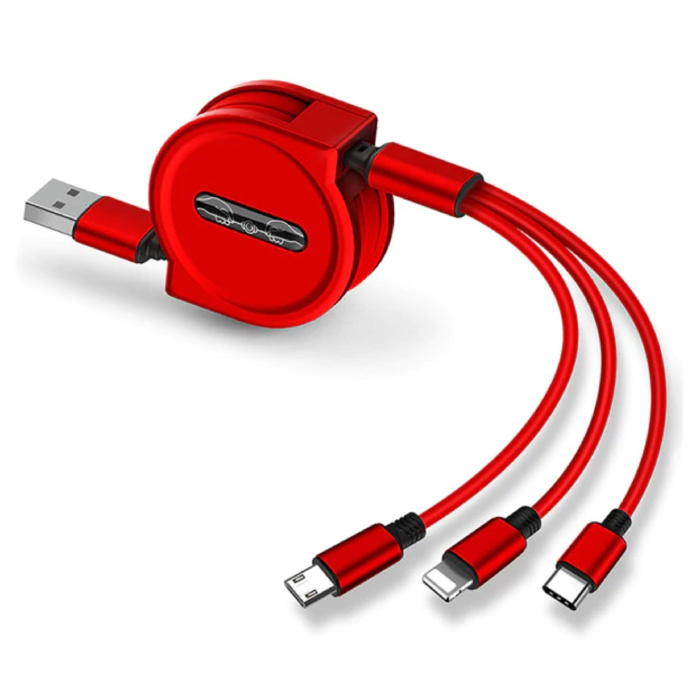 3 in 1 Intrekbare Oplaadkabel - iPhone Lightning / USB-C / Micro-USB - 1.2 Meter Oplader Spiral Data Kabel Rood