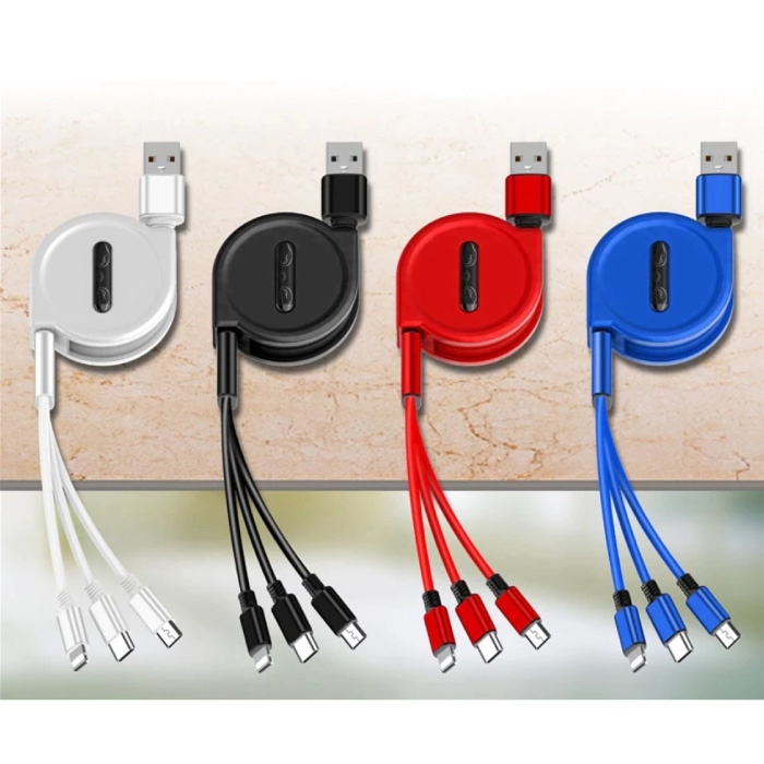 Ilano Wysuwany kabel ładujący 3 w 1 - iPhone Lightning / USB-C / Micro-USB - 1,2-metrowy spiralny kabel do ładowania danych Biały