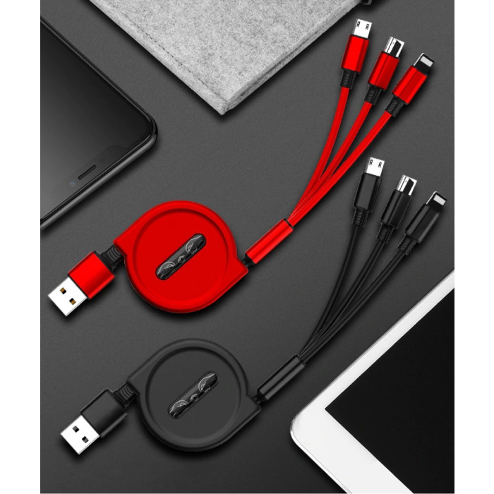 Ilano Wysuwany kabel ładujący 3 w 1 - iPhone Lightning / USB-C / Micro-USB - 1,2-metrowy spiralny kabel do ładowania danych Biały
