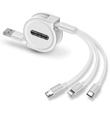 Ilano Cable de carga retráctil 3 en 1 - iPhone Lightning / USB-C / Micro-USB - Cargador de 1,2 metros Cable de datos en espiral Blanco